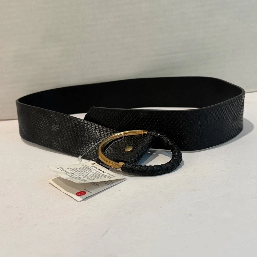 NEW Zara Snakeskin Embossed‎ Belt Womens M/L 33in Black Braided Gold Buckle Wide